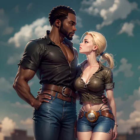 Android 18, (1woman), voluptuous, thunder thighs, gigantic breasts, curvy hips, thick callipygian, slimmest waist, blue short jean skirt, short jean jacket over long black shirt, brown cowgirl high heel boots. A black handsome man, (1man), brown skin, musc...