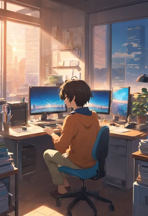 Theres a realistic man sitting at a desk with six computer screens, affichage des graphiques boursiers, Trading d’actions, with coffee on the desk, Mur de verre avec vue sur les toits, Realist art, 8k quality