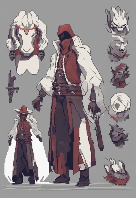 Hombre de 1,80 with a reddish robe that covers his entire body in the style of Bloodborne hunter. Su cabello es pelirrojo y corto. His eyes are blue but the left has it closed and a scar that begins with the first eyelid and ends in the last. Posee una bar...