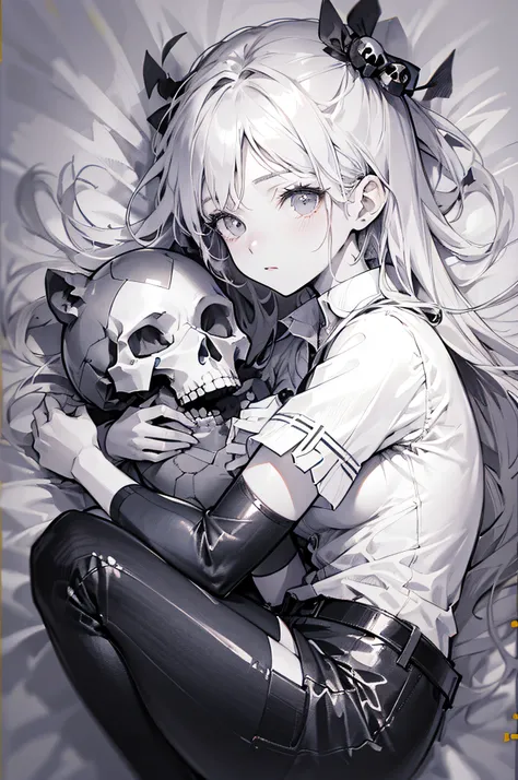 drawing of a woman lying on a bed with a stuffed animal, monochrome artwork!!, 2 b, 2b, anime skull portrait woman, por shitao, ...