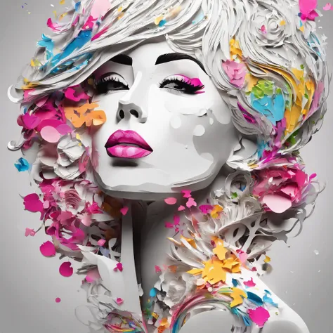 (Masterpiece, Best Quality, High Resolution), White Background, ((Paint Splash, Color Splash, Splash of Ink, Color Splash)), Sweet barbie Girl, Rainbow Hair, Pink Lips, Front, Upper Body