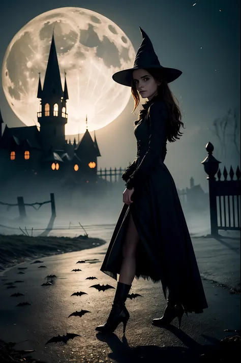 An immersive Halloween scene featuring Emma Watson in a distinguished witch outfit. Emmas radiant smile enhances her captivating charm::10, her dress impeccably crafted with silken fabric shrouded in mystic symbols and her hat, a true witchs hallmark, cast...