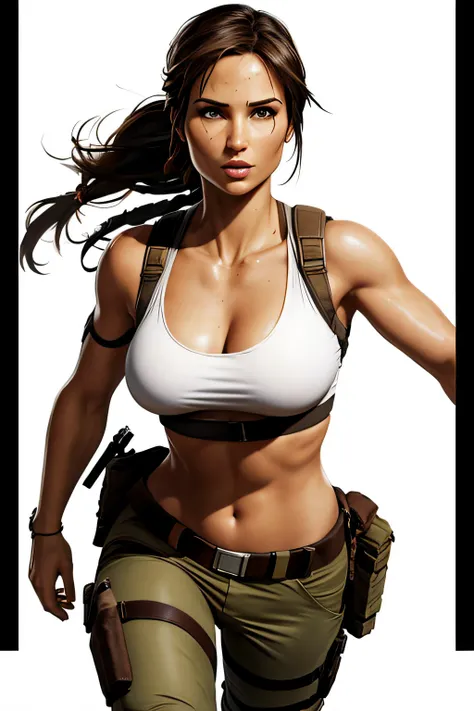 Lara Croft, topless, combat pants, natural breast, comic style, white background