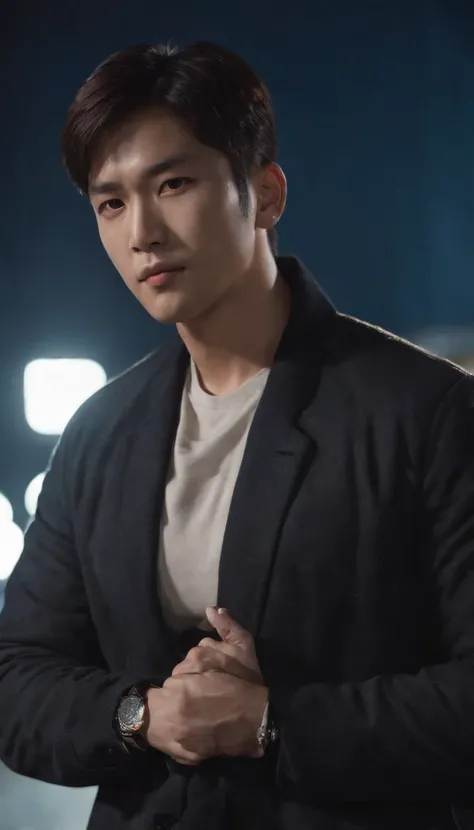 A man, from Lookism manhwa, displaying police officers from Korean, with gray jacket written “police” on it with Korean, hair sideway, holding his hands upward, like a blade, with sheathed pistol on his wrist, at night, night time, dark background, soft we...