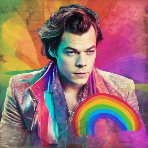 Beautiful man,  harry styles, old photo, rainbow,   (highres, best quality:1.2), radiance, soft contours,