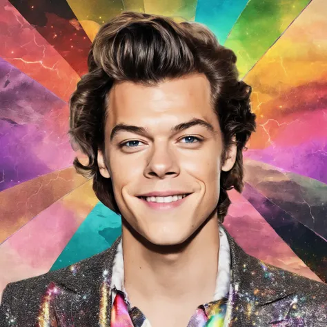 Beautiful man,  harry styles, old photo, rainbow,   (highres, best quality:1.2), radiance, soft contours,