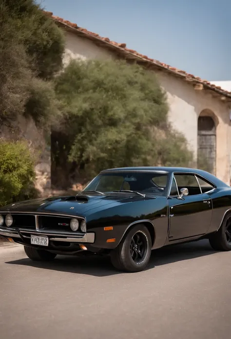 Theres a man with glasses, Homens de 47 anos,Velozes e Furiosos, ao lado de um poderoso Dodge Charger RT preto de 1970 em um ambiente urbano. O sol da tarde ilumina a cena, creating a warm and energetic environment. Dominic Toretto com o Dodge Charger RT d...