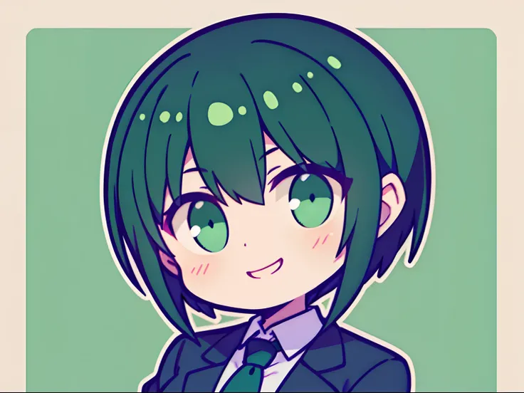 Green and black short hair very happy girl in suit