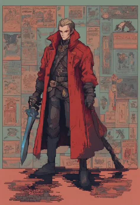 red-short-haired man, with one blue eye and the other eye closed with a scar, he has faded beard, he wears a long red jacket, like a Bloodborne hunter, on his back he carries a greatsword, he has a prosthetic left arm like Guts, He is facing creatures of t...