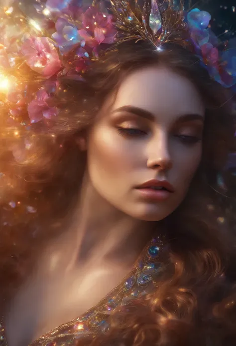 Goddess with iridescent and opalescent shimmer; Broken Glass effect with volumetric light and auras; insane depth background, molecular textures; inspired by flower petals and ethereal nature; breathtaking beauty and pure perfection, unforgettable energy; ...