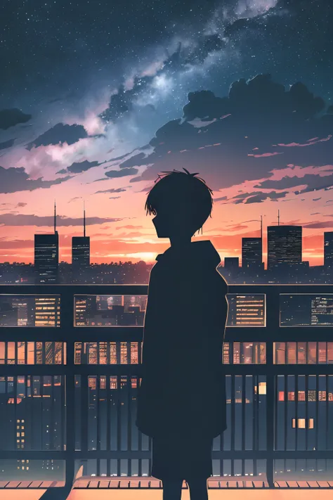 anime,silhouette,1boy, star (sky), cloud, cityscape, building, city, outdoors, skyscraper, city lights, night, night sky, sunset, skyline