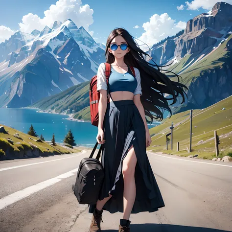 20 year old Russian woman hitchhiking on mountain road, blue sky, vast background, long dark hair, sunglasses, long skirt, midriff showing, tight blue shirt, cleavage showing, busty, wearing backpack, facing camera, slight smile, beautiful face, Masterpiec...