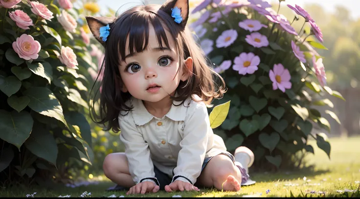 (masterpiece), eyes penetrating the camera, best quality, ultra-detailed, an extremely cute and lovable child, with a confused yet hilarious expression, dynamic pose, sitting on grass, surrounded by a colorful flower garden, daylight setting, soft sunlight...