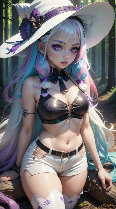 (((master piece, best quality))), 1girl, (((long whute hair))), very long hair, (((multicolored hair, gradient hair, two-tone hair, white hair, blue hair, pink hair:1.2))), (((glowing blue eyes))), (((star-shaped pupils))), gothic makeup, (thick eyeliner),...