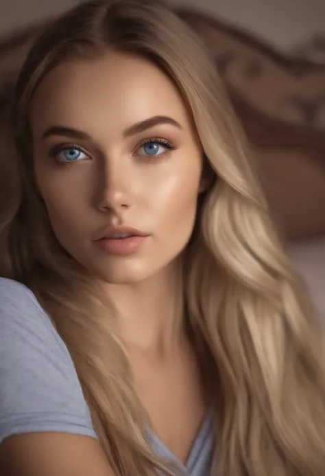 arafed woman fully , sexy girl with blue eyes, ultra realistic, meticulously detailed, portrait sophie mudd, blonde hair and large eyes, selfie of a young woman, bedroom eyes, violet myers, without makeup, natural makeup, looking directly at the camera, fa...