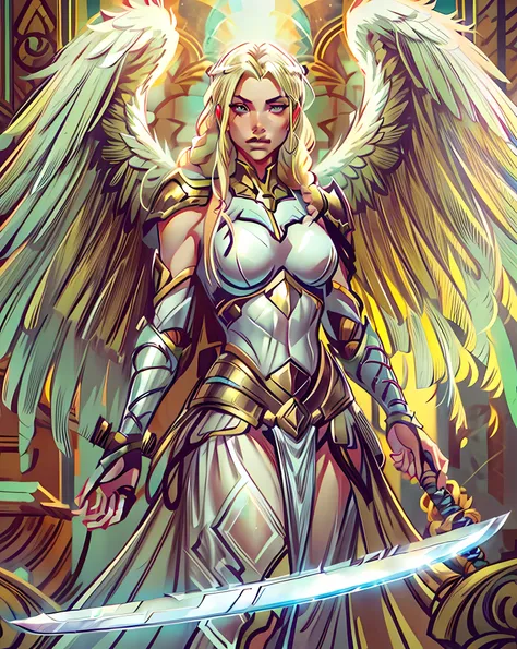 (comic book cover art: 1.5), an female arch angel preparec for battle, an extremally beautiful warrior angel, ultra feminine, lo...