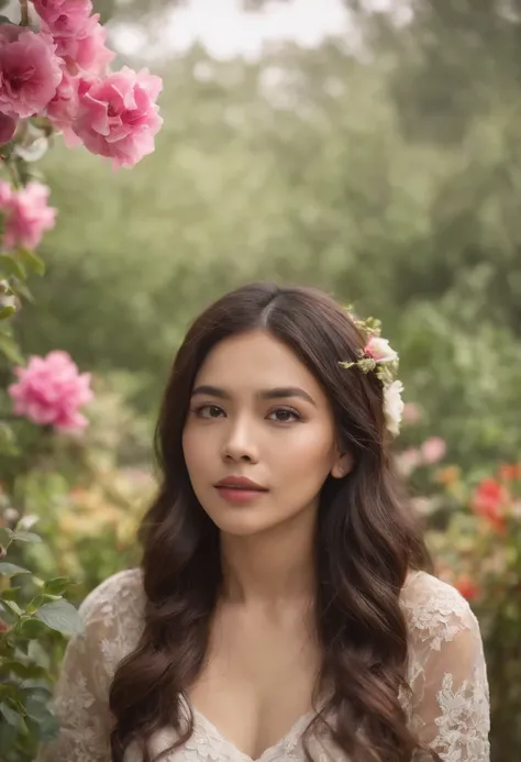 uma garota morena Latina, USANDO CALCINHA DE RENDA Transparente, Asian woman in a beautiful flower garden