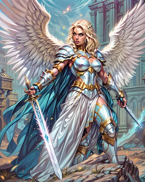 (Comic book cover art: 1.5), an female archangel prepared for battle, an extremally beautiful warrior angel, ultra feminine, long hair, blond hair, braided hair, wearing divine heavy armor, (white armor: 1.2), (angel wings: 1.2) spread, aremed with fantasy...