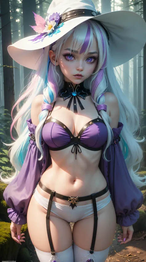 (((master piece, best quality))), 1girl, (((long whute hair))), very long hair, (((multicolored hair, gradient hair, two-tone hair, white hair, blue hair, pink hair:1.2))), (((glowing blue eyes))), (((star-shaped pupils))), gothic makeup, (thick eyeliner),...