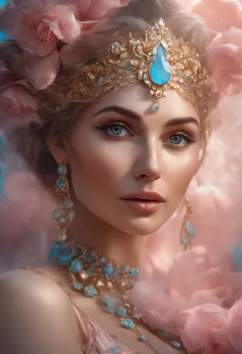 "portrait of a beautiful female goddess face made of porcelain, face painted with patterns of dusky pink, azure, white swirls, sparkles and golden rain, pretty facial features, chest, unreal motor, perfect legs, pretty outfit, stunning features, ink , spla...