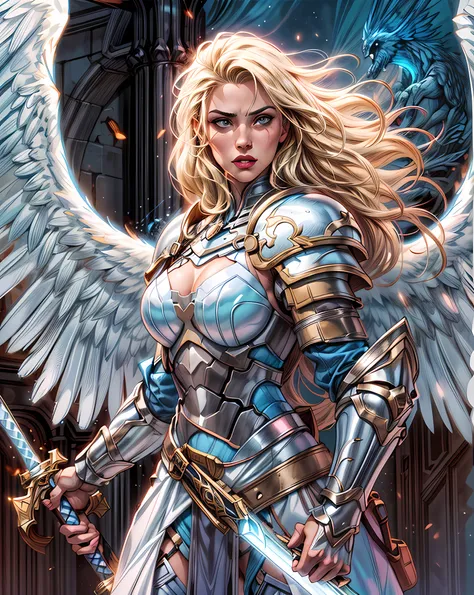 (Comic book cover art: 1.5), an female archangel prepared for battle, an extremally beautiful warrior angel, ultra feminine, long hair, blond hair, braided hair, wearing divine heavy armor, (white armor: 1.2), (angel wings: 1.2) spread, aremed with fantasy...