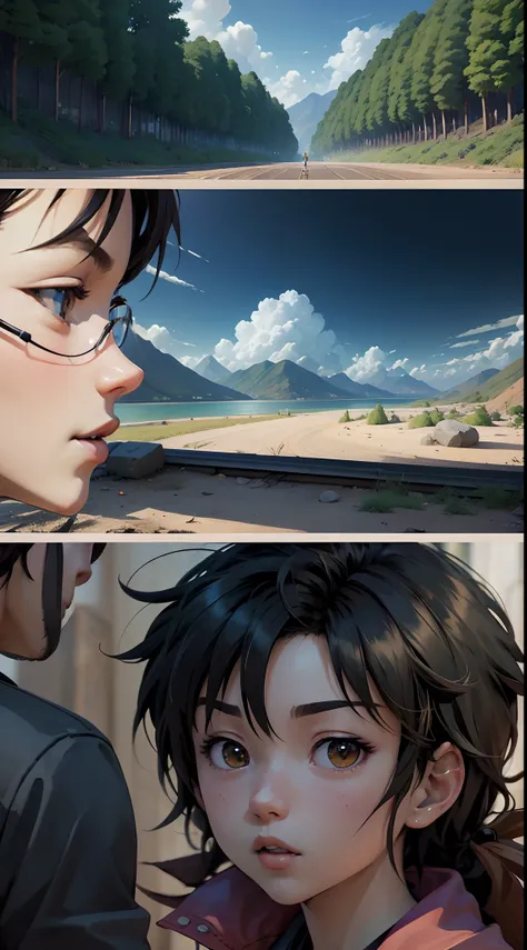 （（（Comic storyboard））），comic strip，Two-dimensional picture，Manhwa Style，Makoto Shinkai animation style，Makoto Shinkai animation film art style，Ultra-wide angle of view，China-style，A town with beautiful landscapes，Faraway view，Vivid and bright colors，super-...