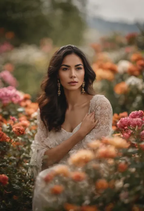 uma garota morena Latina, USANDO CALCINHA DE RENDA Transparente, Asian woman in a beautiful flower garden