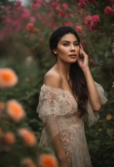 uma garota morena Latina, USANDO CALCINHA DE RENDA Transparente, Asian woman in a beautiful flower garden