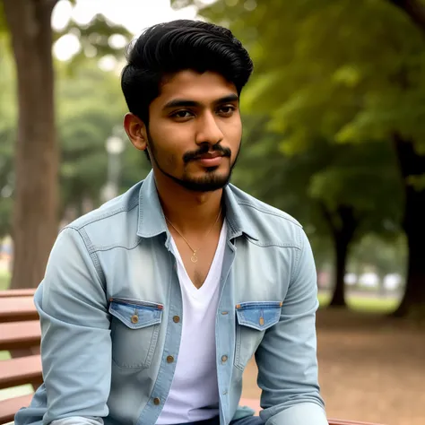 there is a man sitting on a bench in a park, jayison devadas, ayan nag, nivanh chanthara, mohamed chahin, with accurate face, facebook profile picture, riyahd cassiem, inspired by Bikash Bhattacharjee, around 1 9 years old, portait photo profile picture, j...