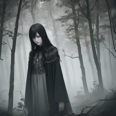 best quality,4k,8k,highres,masterpiece:1.2,ultra-detailed,realistic,photorealistic:1.37,dark fantasy,girl with black hair and piercing blue eyes,horror portrait,detailed face,nightmare,haunting,night landscape,mysterious atmosphere,surreal,gothic elements,...