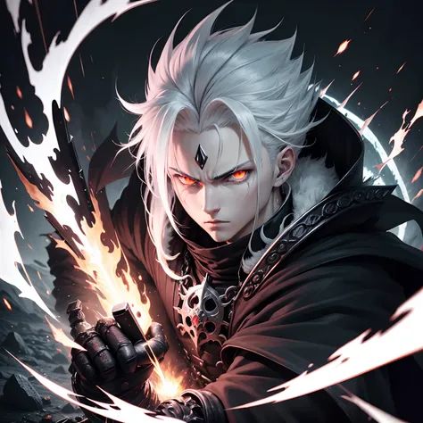 black and white, berserk, hunterxhunter, chainsawman, anime, manga style, 1man, long black spike hair, white aggresive white eyes, flame around eyes, flame behind him, wearing black aggressive armore,fantasy, anime chracter, dark aggresive landscape, absur...