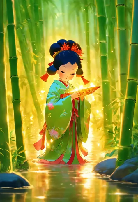 Tiny princess, Bamboo forest, baby, newborn, feudal Japan, expression of tenderness, illuminated, Shui Mo Hua, Chinese painting style, Thangka style, masterpiece, weak sunlight, depth of field, best quality