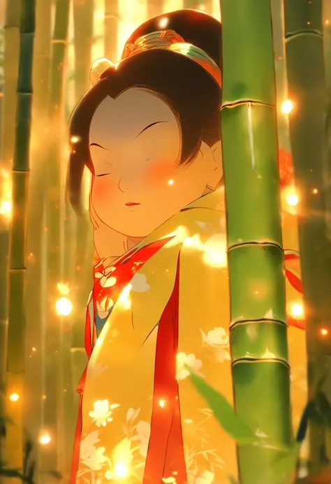 Tiny princess, Bamboo forest, baby, newborn, feudal Japan, expression of tenderness, illuminated, Shui Mo Hua, Chinese painting style, Thangka style, masterpiece, weak sunlight, depth of field, best quality