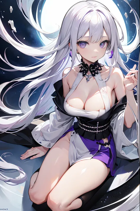 (Best quality, highest resolution, 8k, full-body picture, 1 girl, young girl, masterpiece, solo), white hair, long straight hair, (purple side_bangs), (white hair with black hair_fringes), (violet eyes, expressionless face, oval head), big white pearls as ...