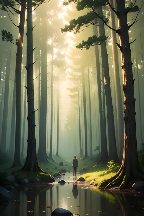 A tranquil forest glade bathed in the soft light of dawn, a person sitting in meditation with "Breathing Peace" nearby. The misty atmosphere, earthy tones, and contemplative scene create an adult-oriented cover that exudes serenity, Digital painting, using...