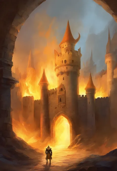 Medieval fortress On fire . Knight with long yellow hair, yellow armor. He stands in front of the fortress door