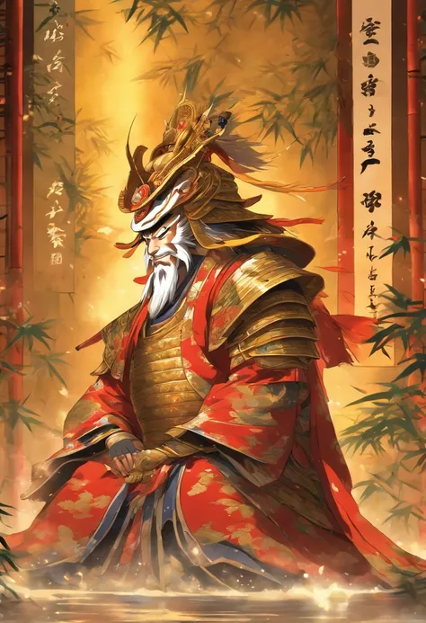 War armor, house, bamboo,Japanese Emperor, Feudal Japan, ((Kneeling Emperor)), Shui Mo Hua, Chinese painting style, Thangka style, masterpiece, weak sunlight, depth of field, best quality