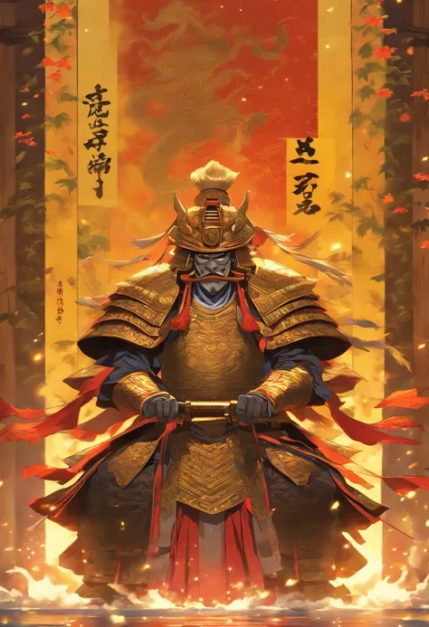 War armor, house, bamboo,Japanese Emperor, Feudal Japan, ((Kneeling Emperor)), Shui Mo Hua, Chinese painting style, Thangka style, masterpiece, weak sunlight, depth of field, best quality