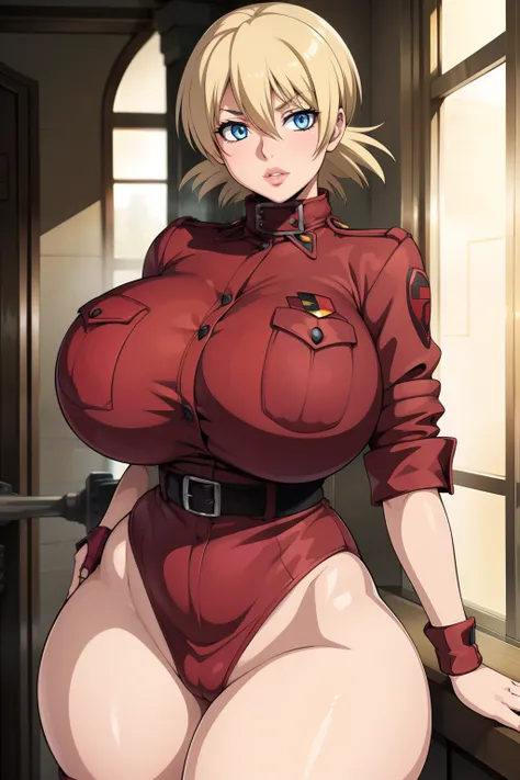 Hellsing Ultimate, Seras Victoria, 1girl, ((bimbo))), short blond hair, blue eyes, puffy lips, thick lips, wide hips, thick thighs, enormous round fake breast, huge ass, kiss face, yellow police uniform, breasts squeezed together, hand signs,