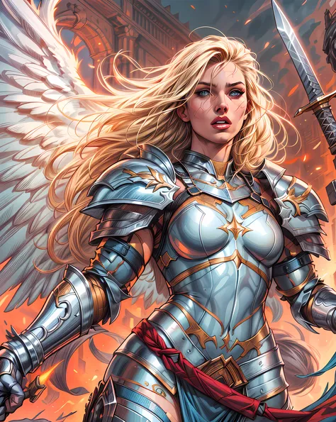 (comic book cover art: 1.5), an female archangel prepared for battle, an extremally beautiful warrior angel, ultra feminine, lon...