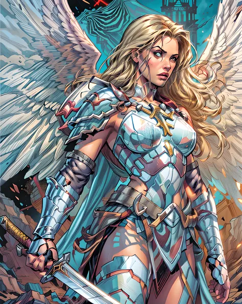 (Comic book cover art: 1.5), an female archangel prepared for battle, an extremally beautiful warrior angel, ultra feminine, long hair, blond hair, braided hair, wearing divine heavy armor, (white armor: 1.2), (angel wings: 1.2) spread, aremed with fantasy...