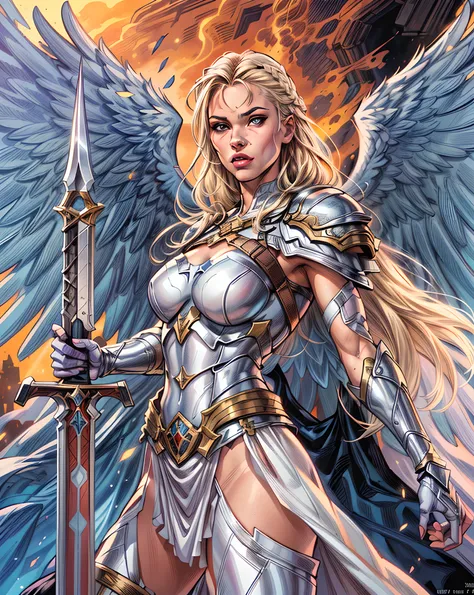 (Comic book cover art: 1.5), an female archangel prepared for battle, an extremally beautiful warrior angel, ultra feminine, long hair, blond hair, braided hair, wearing divine heavy armor, (white armor: 1.2), (angel wings: 1.2) spread, aremed with fantasy...