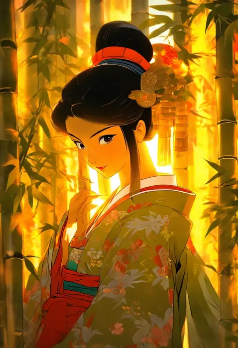 princess, house, bamboo,black hair, feudal Japan, ((Full body)),slightly tilted camera,Shui Mo Hua, Chinese painting style, Thangka style, masterpiece, weak sunlight, depth of field, best quality