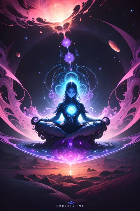 An otherworldly, surreal landscape where the boundaries of reality blur. In the foreground, a person in a meditative pose is levitating above a multi-dimensional, fractal-infused realm. Their aura radiates with vibrant colors that symbolize the healing eff...