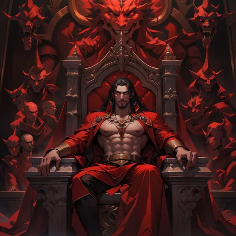 Castlevania Shadow Lord hyper realistic sup Legendary Lord Dracula handsome muscular red man bright eyes face portrait sitting in his big legendary Moroccan throne with demons next to him against humans hyper realistic super detailed Dynamic shot centerpie...