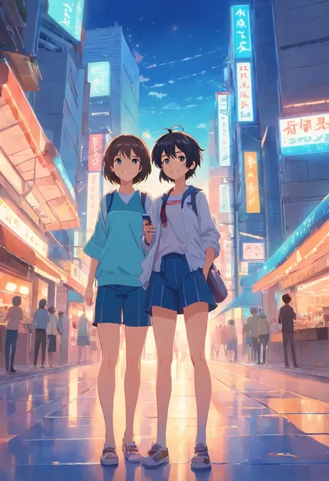 a couple of anime characters standing next to each other and happily posing for a picture (Boy and Girl), a blue vibrant color pallet, lightly smiley faces, casual clothes, 8k, high quality, ray tracing, looking at the camera, holding phones