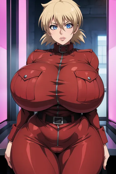 Hellsing Ultimate, Seras Victoria, 1girl, ((bimbo))), short blond hair, blue eyes, puffy lips, thick lips, wide hips, thick thighs, enormous round fake breast, huge ass, kiss face, tight police uniform, breasts squeezed together, posing