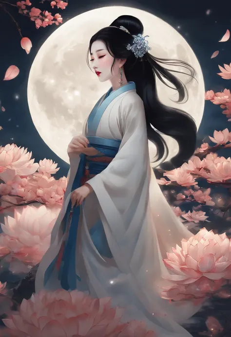 Kaguyahime, Princess, black hair, Japanese clothes, night, expression of sadness, crying, full moon in the background, Shui Mo Hua, lotus, Chinese painting style, Thangka style, masterpiece, lunar light, depth of field, best quality