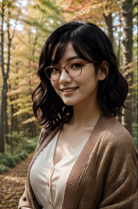 masterpiece, japanese woman, ((short wavy black hair)), blush, perfect illumination, autumn, fall season, bright red trees, late afternoon, forest, extremely detailed face, bangs, bright skin, big smile, portrait, cardigan, colorful, rimless glasses, depth...