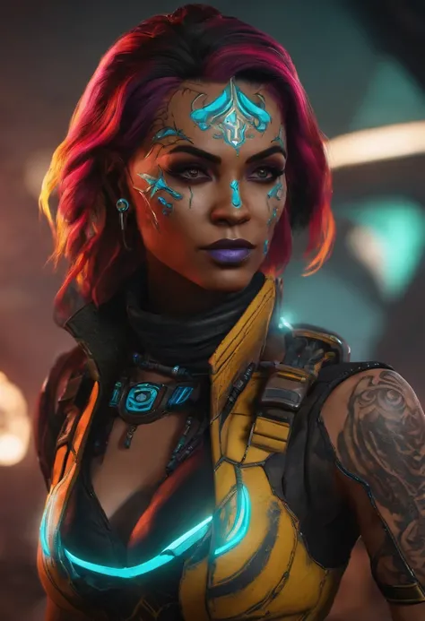 Borderlands 3 siren character designer, aura, neon tattoos, Black suite, badass pose